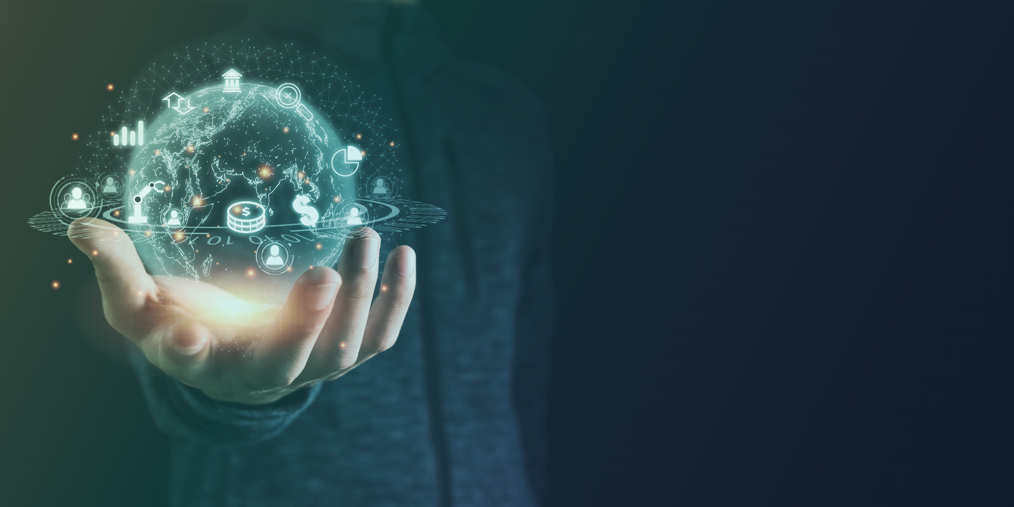 Man holding a glowing glass globe with various icons orbiting around it