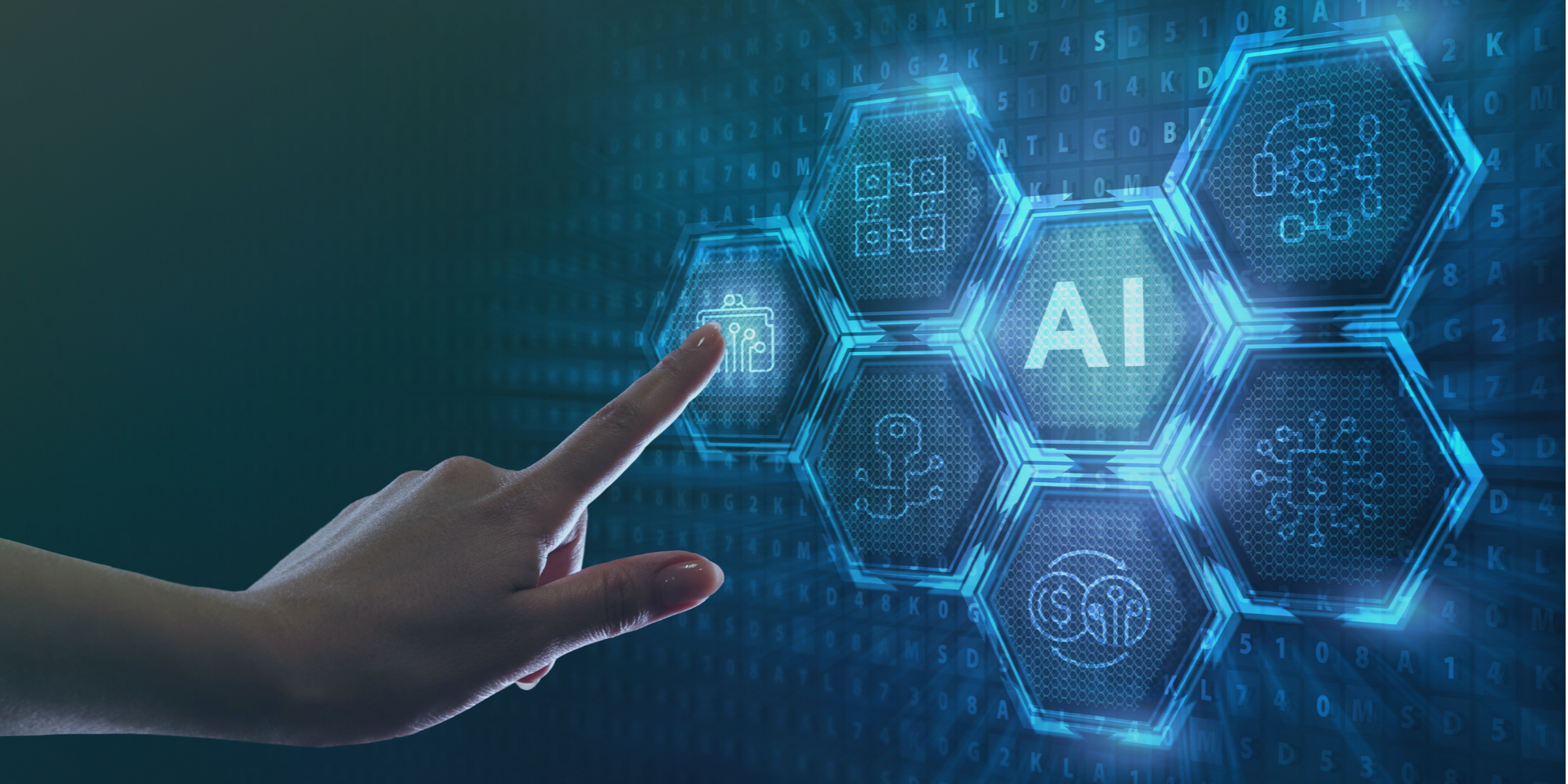 decorative banner of a hand reaching out towards a grid of AI-related iconography